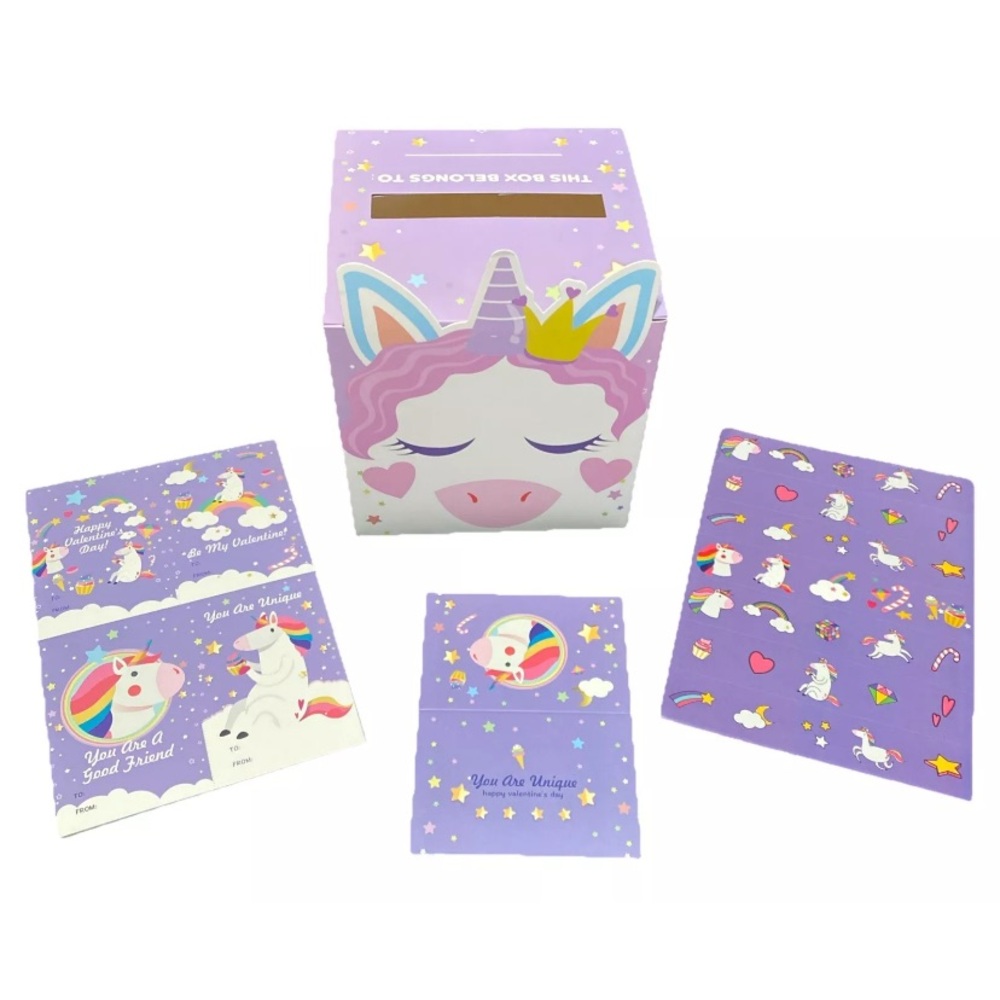 Valentines Day Unicorn Cards And Classroom  Mailbox And Stickers Set 69 Pieces